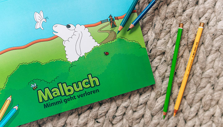 Cover des Malbuchs "Mimmi geht verloren" mit Buntstiften